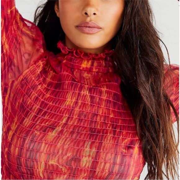NWOT Free People Hello There Ruffled Sheer Mesh Top Red Pink Orange Abstract XS - Picture 3 of 16